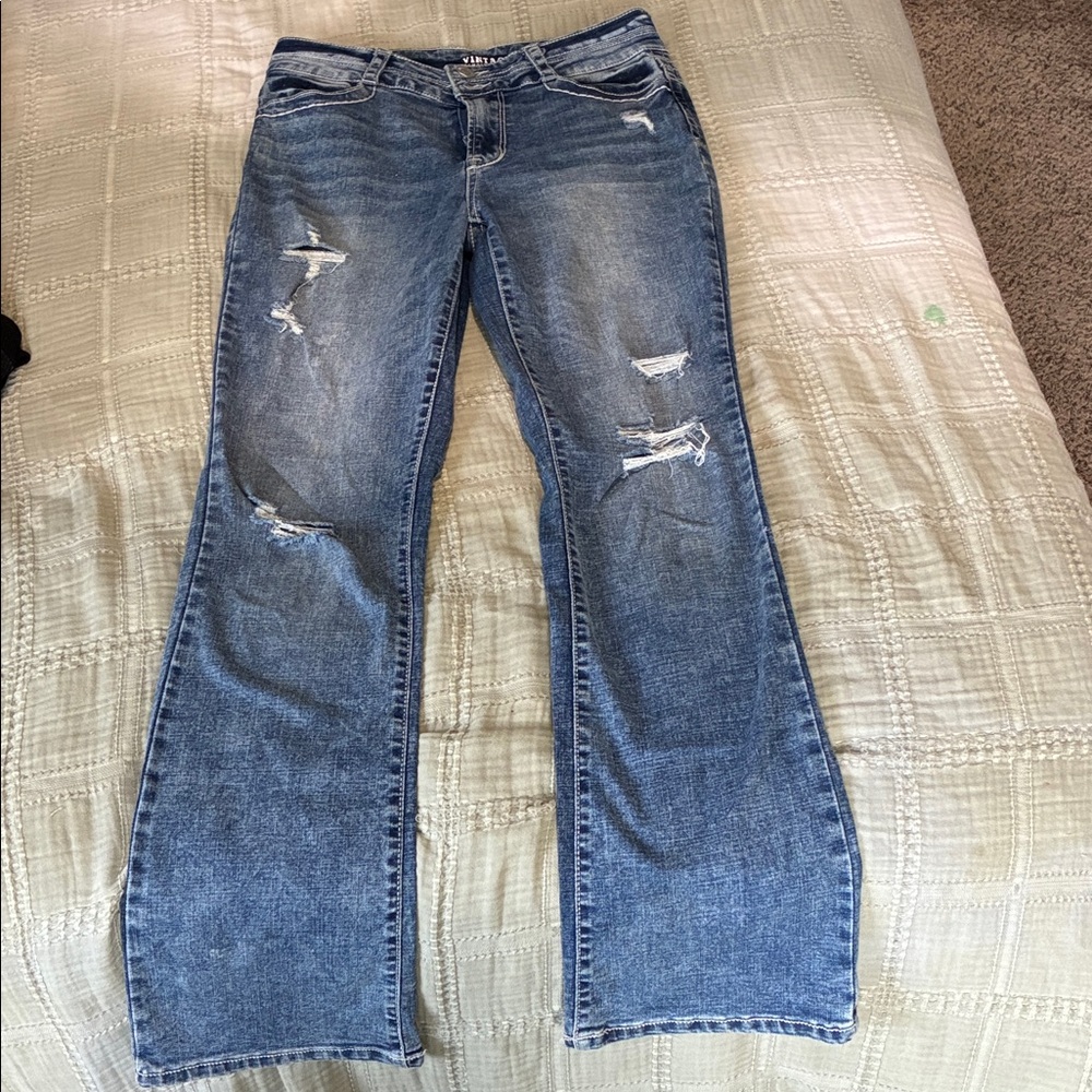 Almost Famous Women's Straight Leg Distressed Jeans - Blue